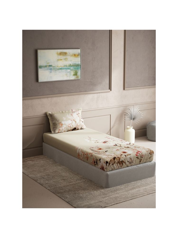 Ddecor Live Beautiful Cotton Floral Single 150 TC Bedsheet with 1 Pillow Cover - Beige-image-22