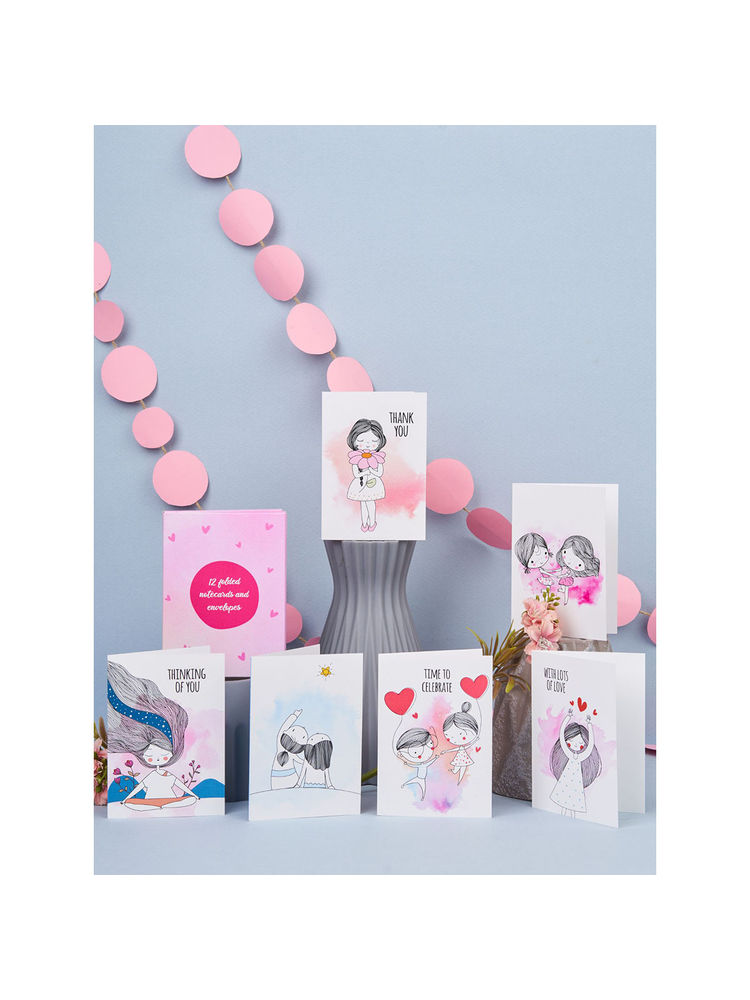 Doodle Collection Set of 12 Blank Notecards with Coloured Envelopes (You and Me)