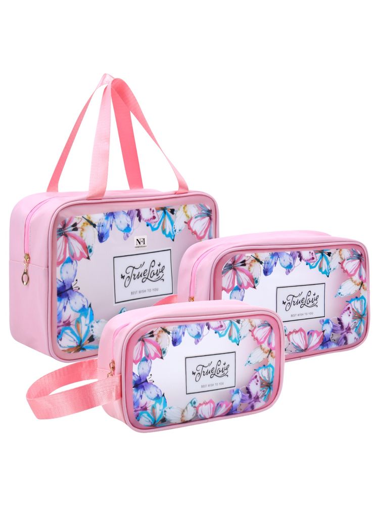NFI Essentials Travel Makeup Pouch Set Of 3 Washbag Pouch Transparent Cosmetic Bag Pink