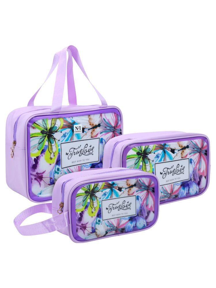 NFI Essentials Travel Makeup Pouch Set Of 3 Washbag Pouch Transparent Cosmetic Bag Purple