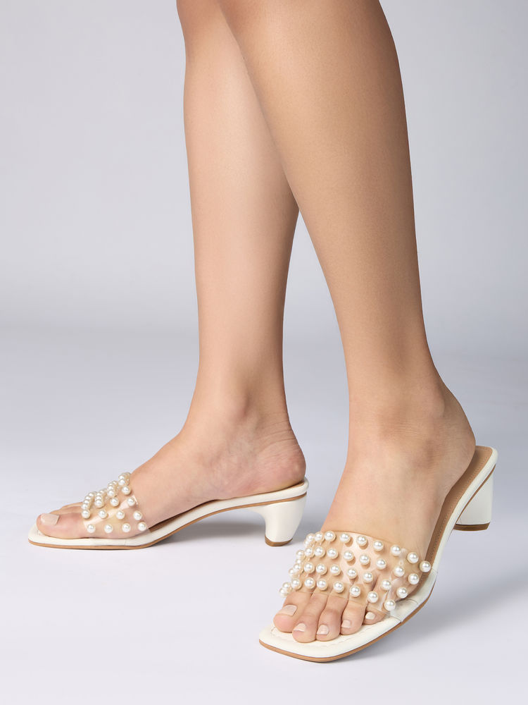 RSVP by Nykaa Fashion White Pearl Embellished Clear Strap Women's Block Heels-image-36