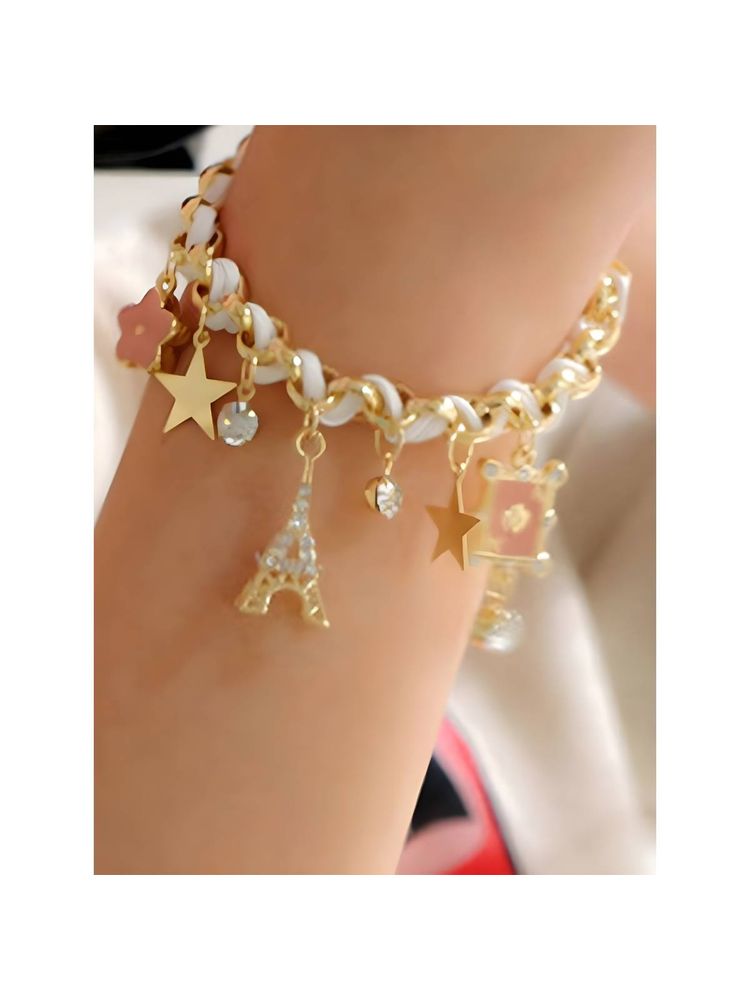 Jewels Galaxy Gold Plated White and Pink Eiffel Theme Charm Bracelet-image-1