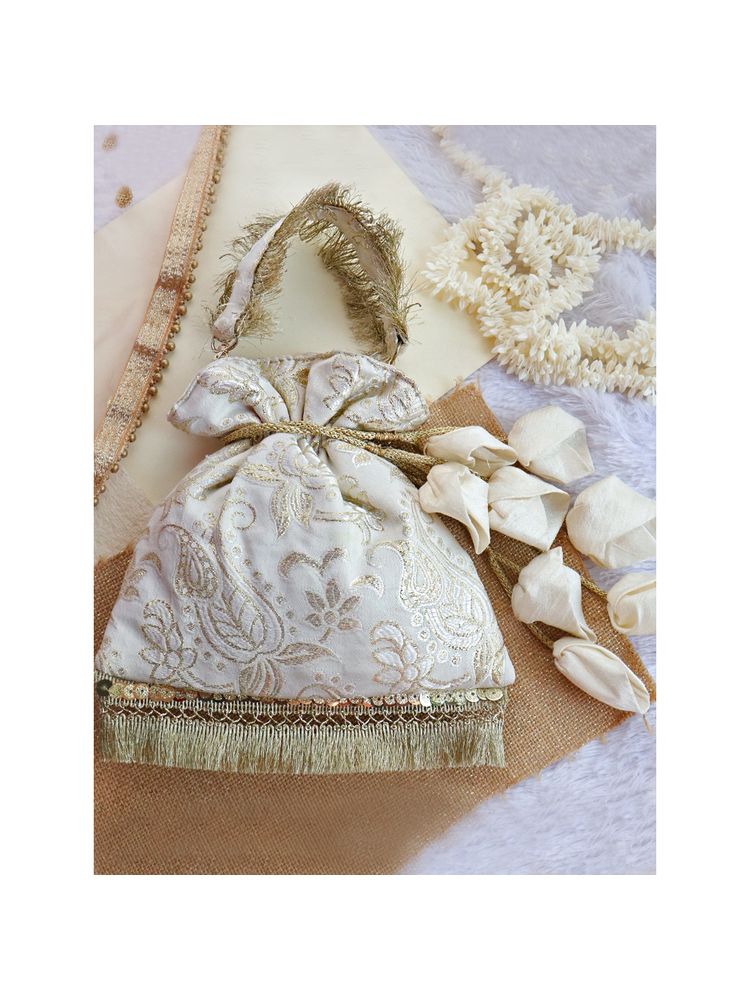 Soho Boho Studio Off White Silk bloom Potli Bag-image-24