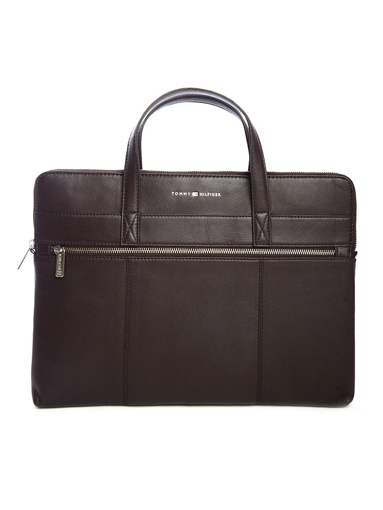 Tommy Hilfiger Ronin Leather Laptop Sleeve Business Case - Dark Brown (M)