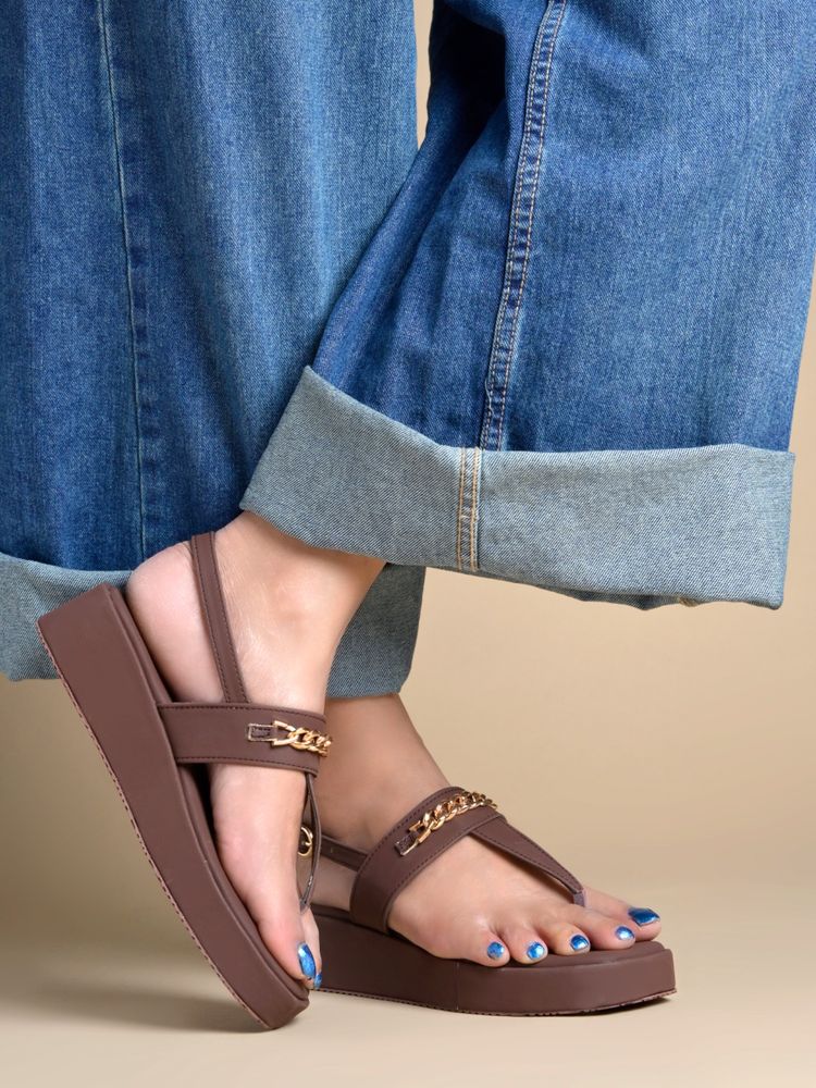 Shoetopia Women Chain-Detail Platform Heels - Earthy Coffee Brown
