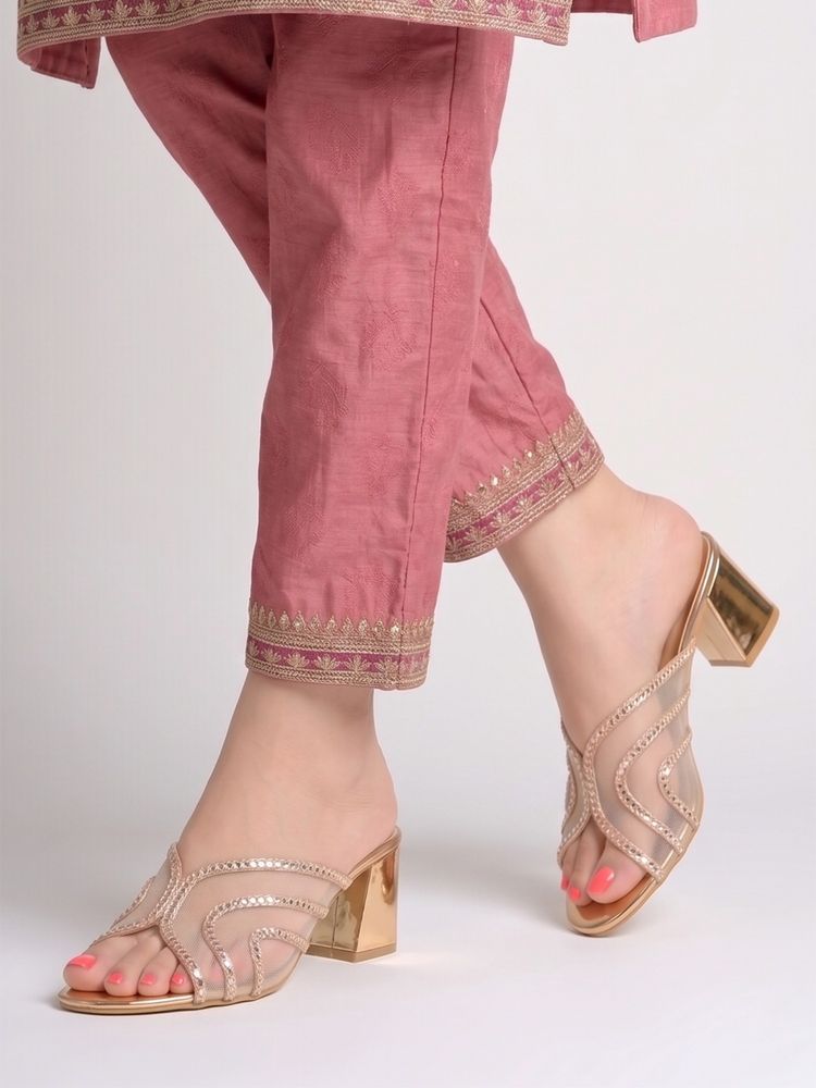 Shoetopia Women Embellished Mesh Block Heels - Radiant Rose Gold-image-7