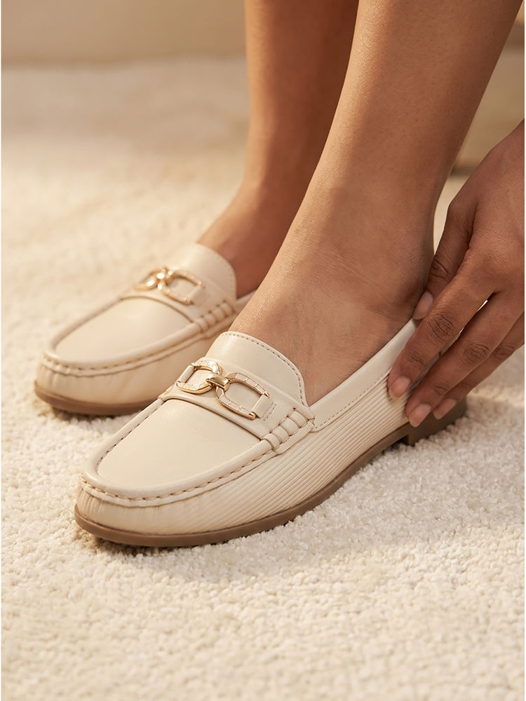 Carlton London Textured Slip-On Loafers With Metallic Chain Link-picture-25