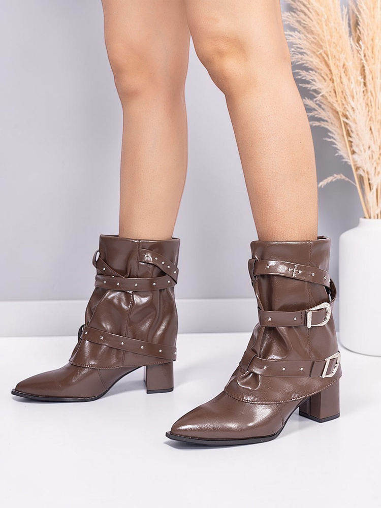 Truffle Collection Brown Solid Buckle Boots-image-5