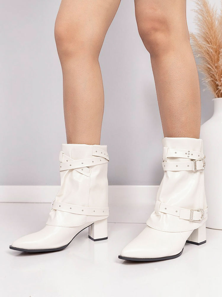 Truffle Collection Off White Solid Buckle Boots-picture-15