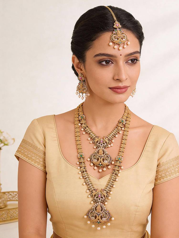 Saraf RS Jewellery Gold Plated White and White Ad Studded Temple Lakshmiji Bridal Jewellery Set-picture-10