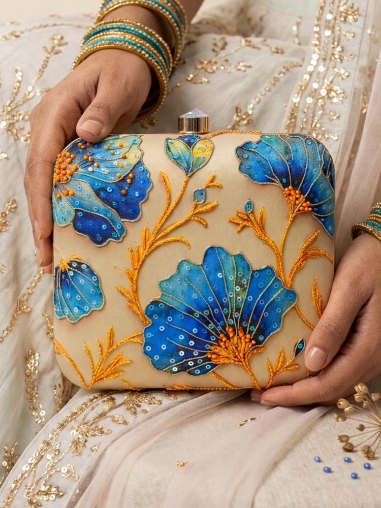 ARTKLIM Printed Blue Floral Beaded with Hand Embroidery Clutch Bag with Detachable Strap-image-4
