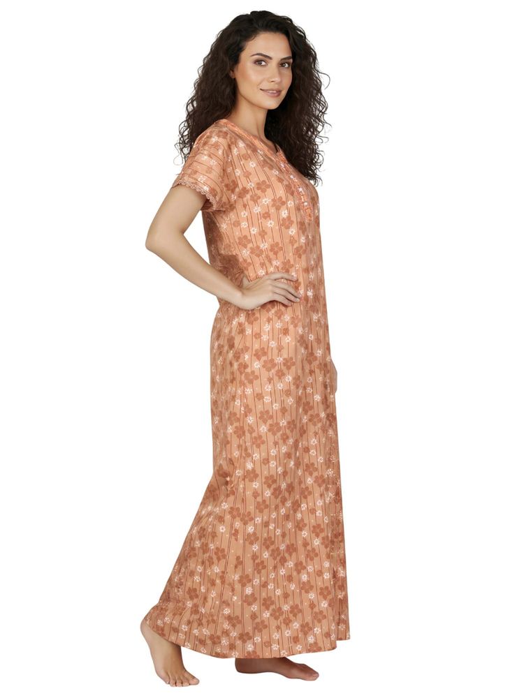 Juliet Women Floral Beige Round Neck Half Sleeves Nightdress-picture-11