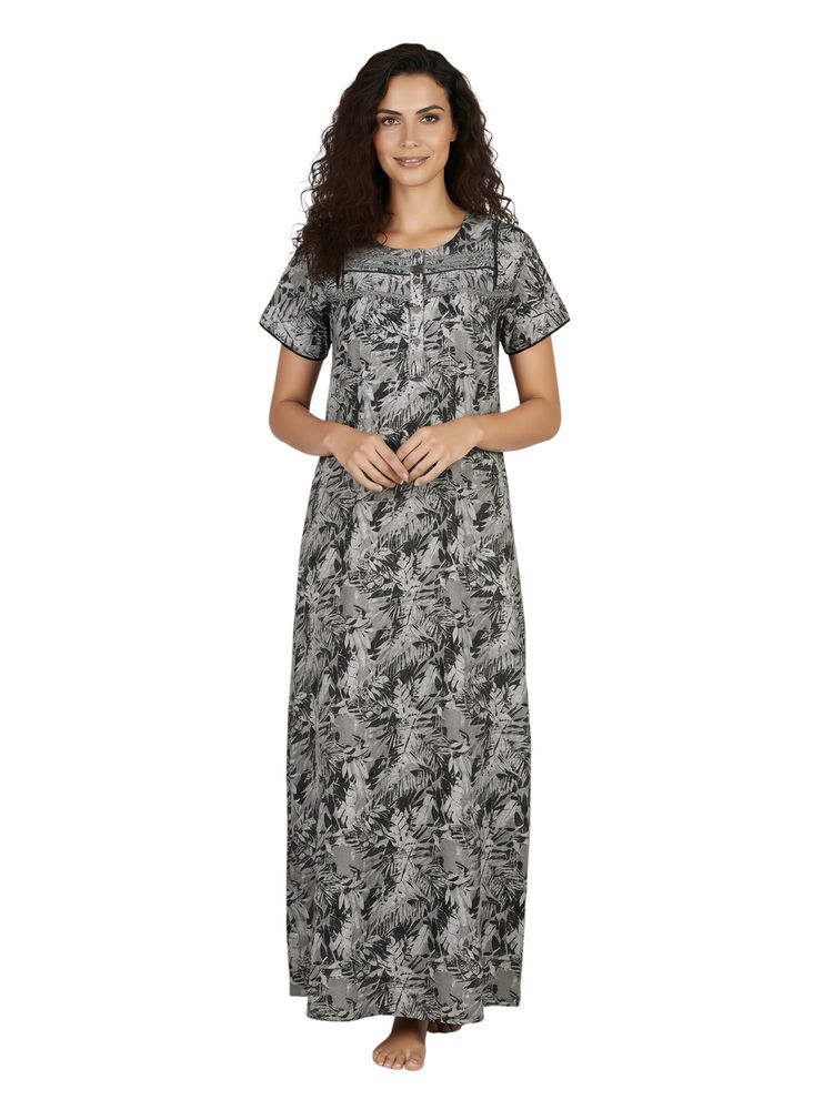 Juliet Women Printed Grey Square Neck Half Sleeves Nightdress