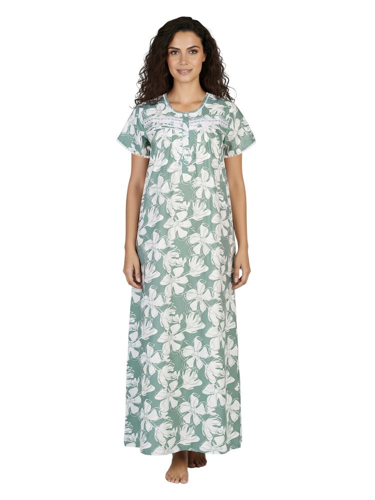 Juliet Women Floral Green Round Neck Half Sleeves Nightdress-image-29