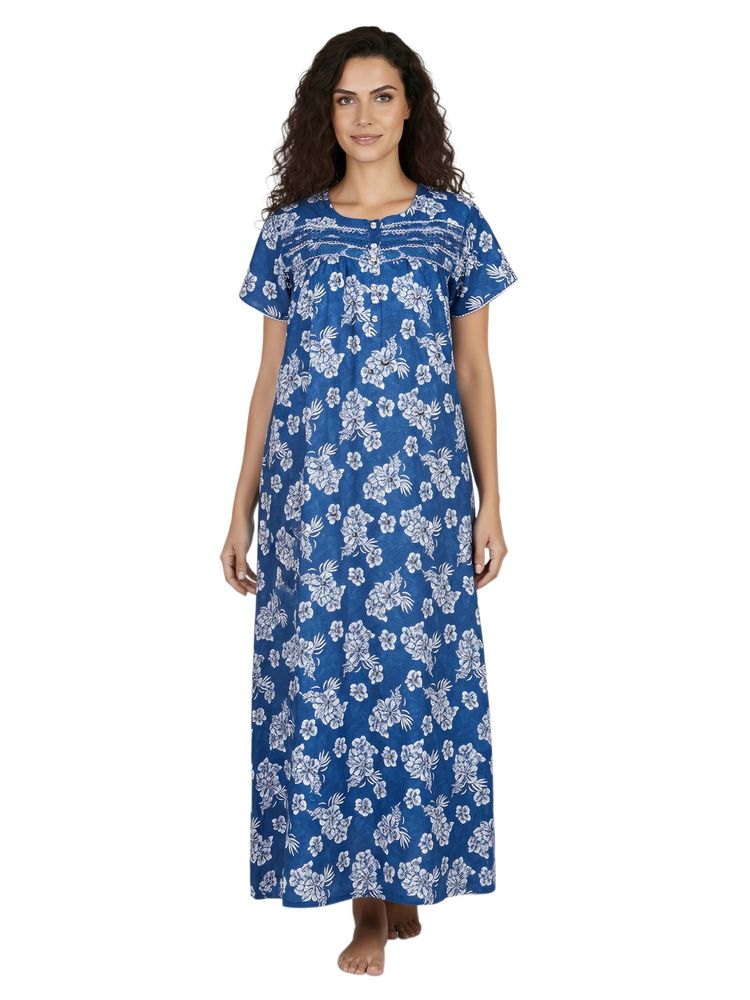 Juliet Women Floral Navy Blue Round Neck Half Sleeves Nightdress-picture-4