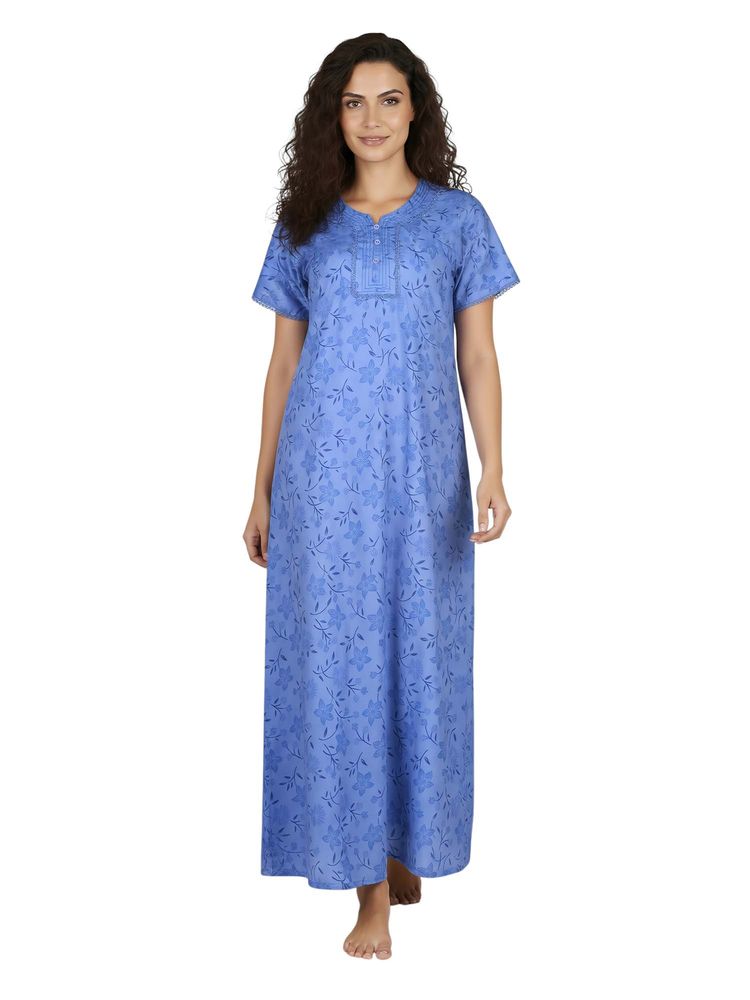 Juliet Women Floral Blue Round Neck Half Sleeves Nightdress-picture-19