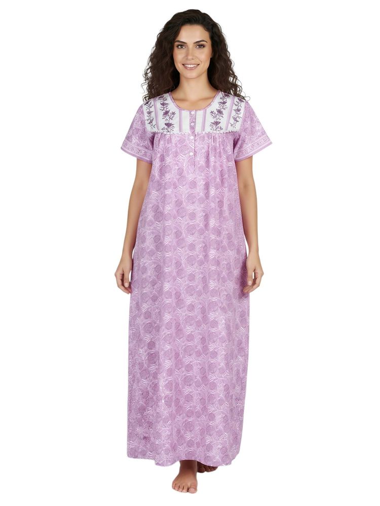 Juliet Women Floral Purple Round Neck Half Sleeves Nightdress-image-31