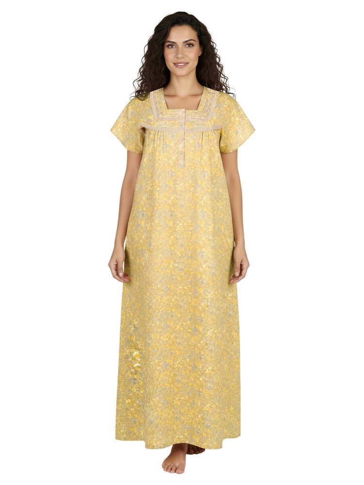Juliet Women Floral Yellow Square Neck Half Sleeves Nightdress-image-30