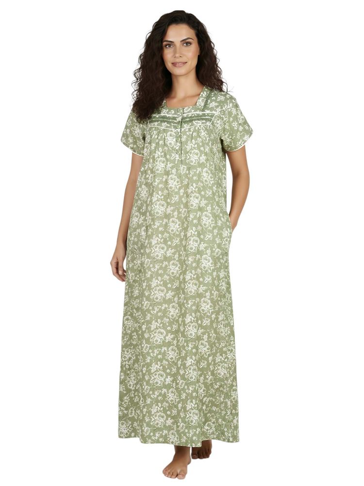 Juliet Women Floral Green Square Neck Half Sleeves Nightdress-picture-13