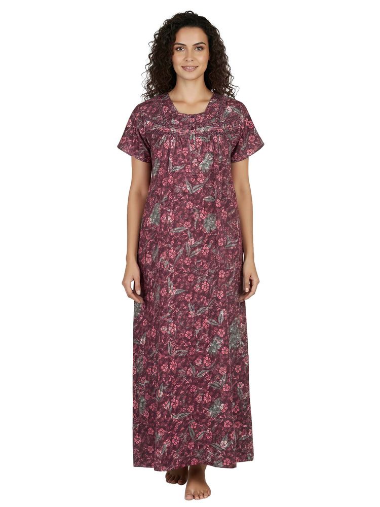 Juliet Women Floral Purple Square Neck Half Sleeves Nightdress-picture-2