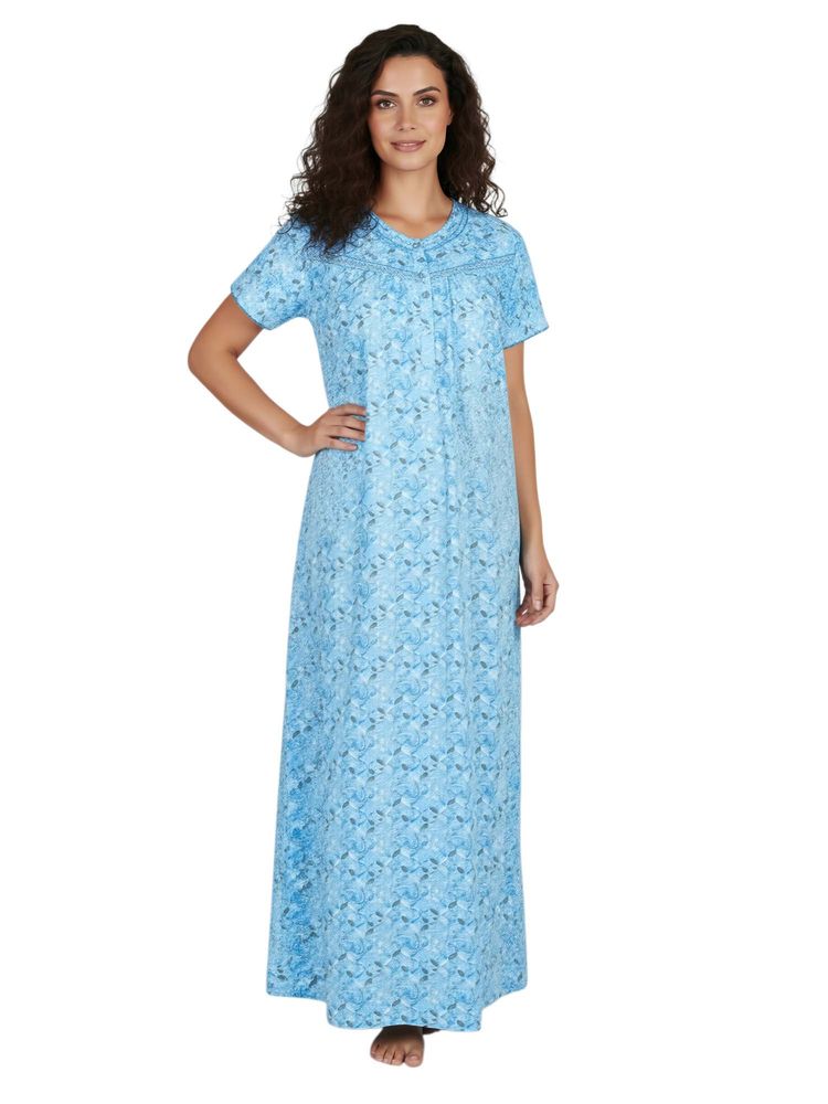 Juliet Women Floral Blue Round Neck Half Sleeves Nightdress-picture-6