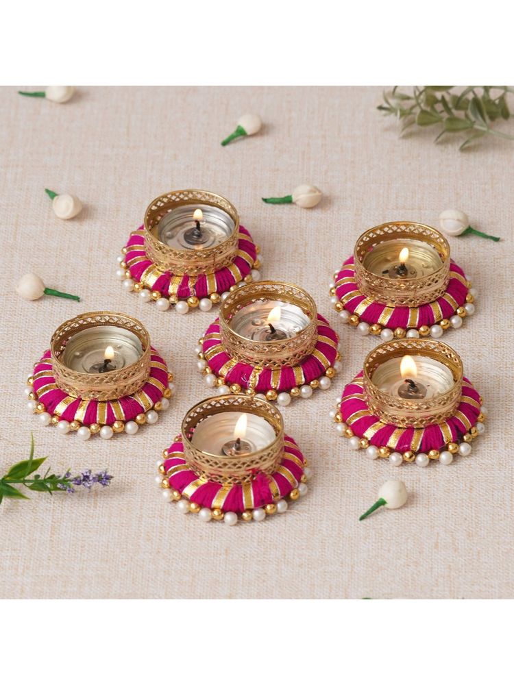 eCraftIndia Set of 6 Pink & Golden Round Shaped Beaded Decorative Tea Light Candle Holders-image-7