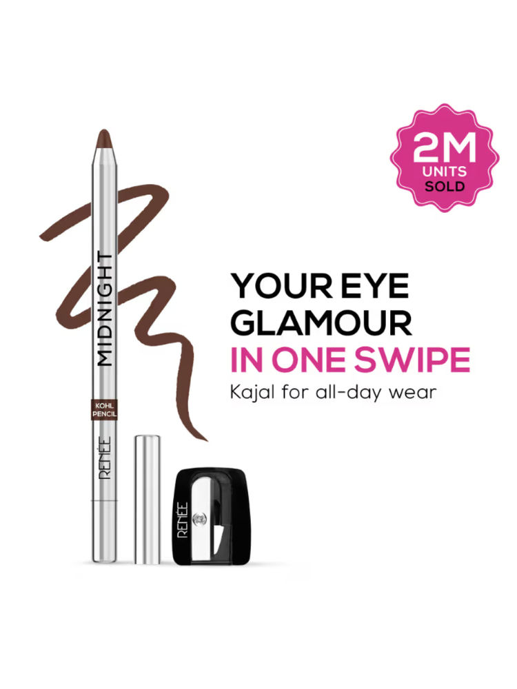 Renee Cosmetics Midnight Kohl Pencil, Waterproof, Smudge-proof, All-Day Kajal with Sharpener