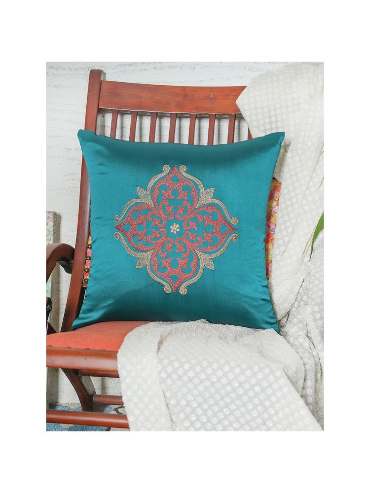 Zeba World Cushion Cover for Sofa Bed - Polyester - Motif Embroidery - Teal (16x16 inches)-picture-24
