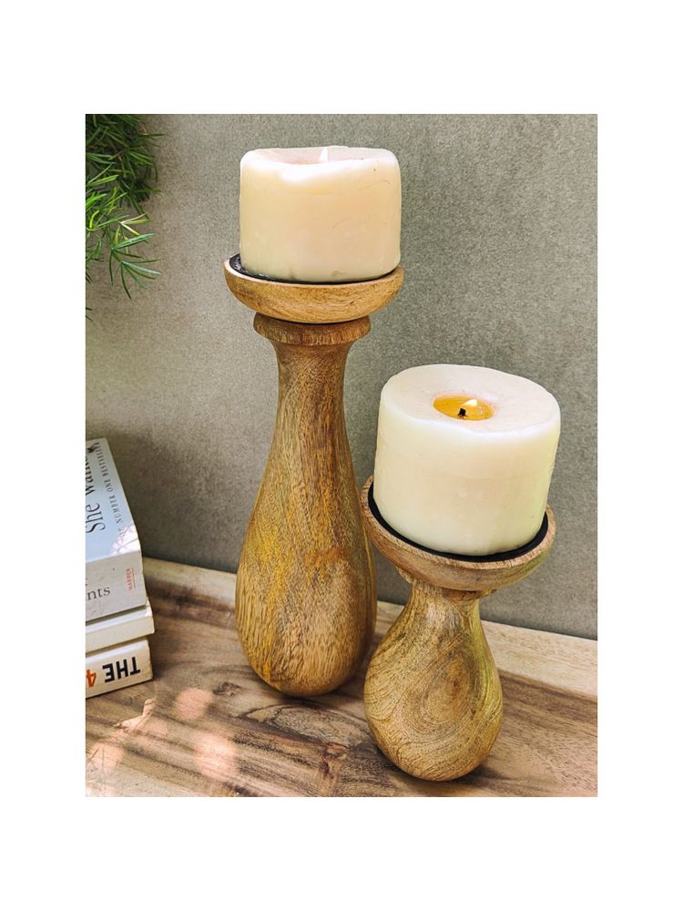 Akira Furnishings Brown Mango Wood Candle Stand (Set Of 2)-picture-14