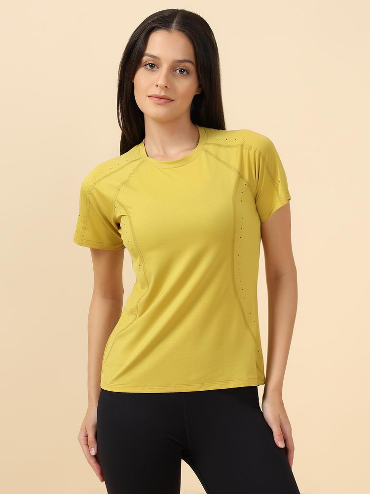 Fitkin Women Mustard Laser-Cut Motion T-Shirt-picture-19