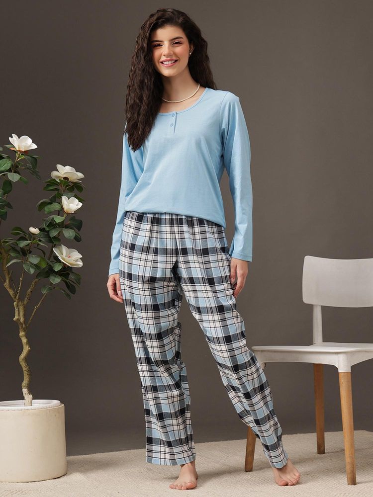 Clovia Women Blue Top and Checkered Pyjama-image-0