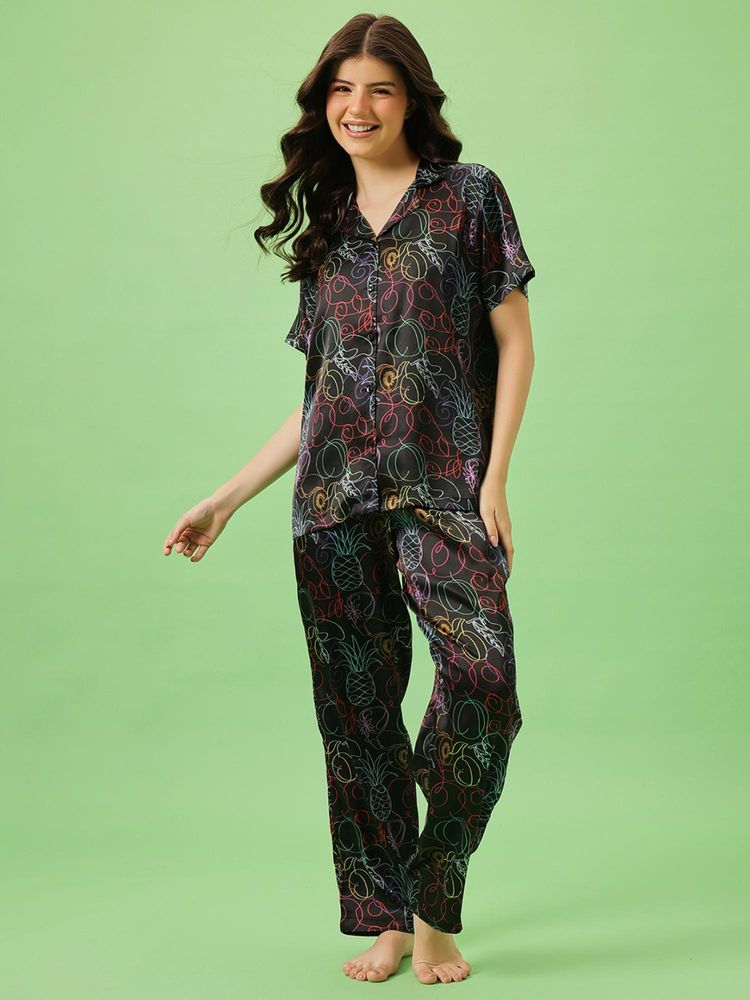 Clovia Women Black Printed Satin Shirt and Pyjama-image-24