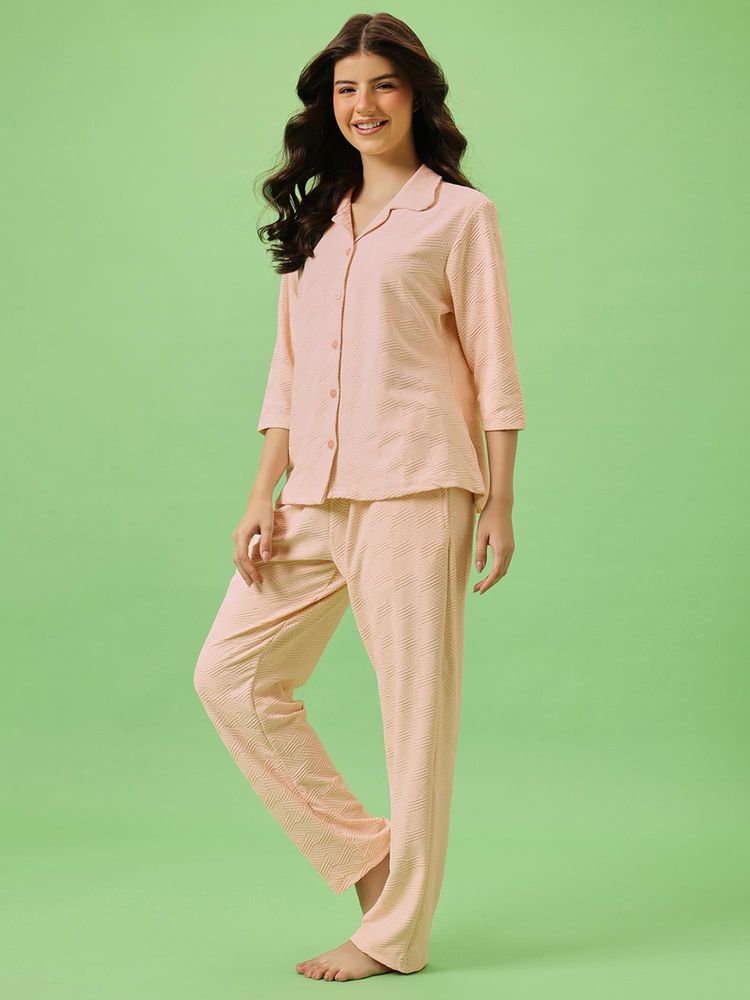 Clovia Women Pink Textured Shirt and Pyjama-picture-13