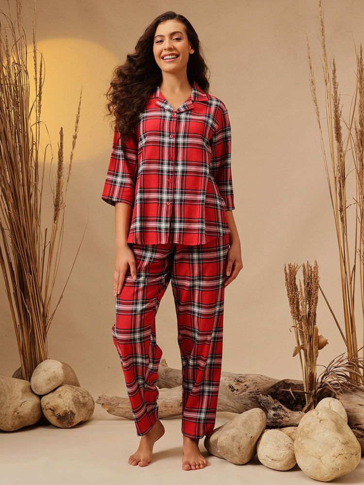Clovia Women Red Checks Shirt and Pyjama-image-4