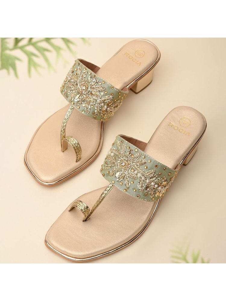 ROCIA Women Gold One Toe Embroidered Block Sandals Heels-image-18