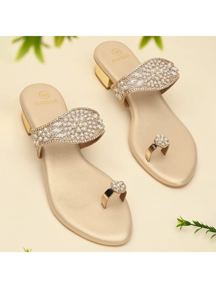 ROCIA Women Gold One Toe Embroidered Sandals Heels-image-9