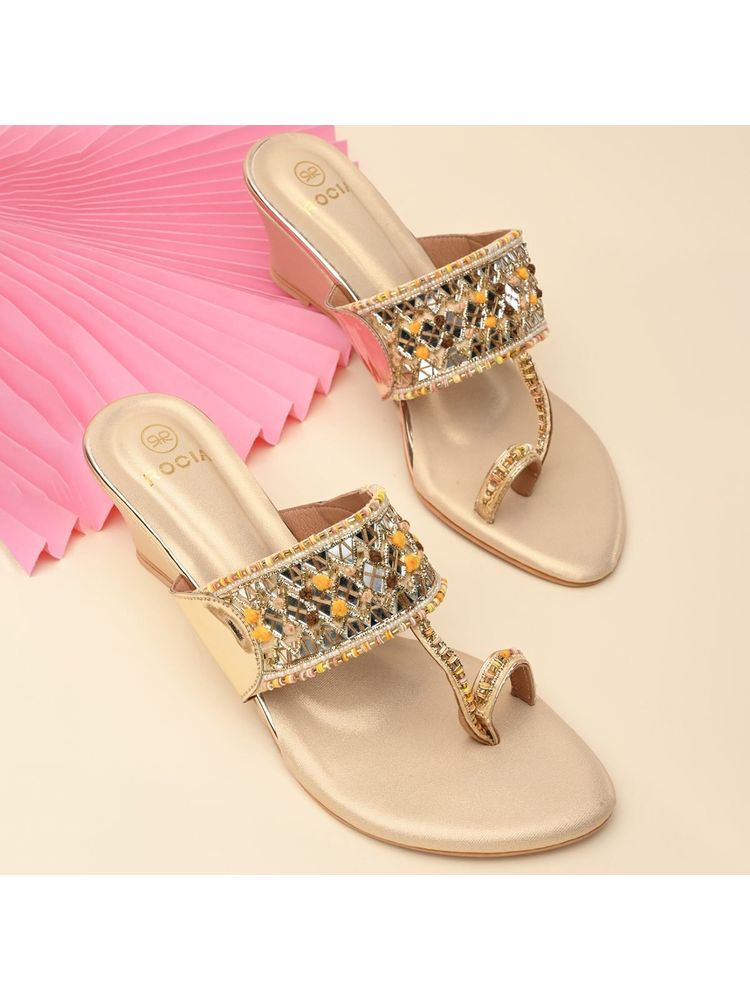 ROCIA Women Gold Mirror Work Kolhapuri Wedges Heels-image-35
