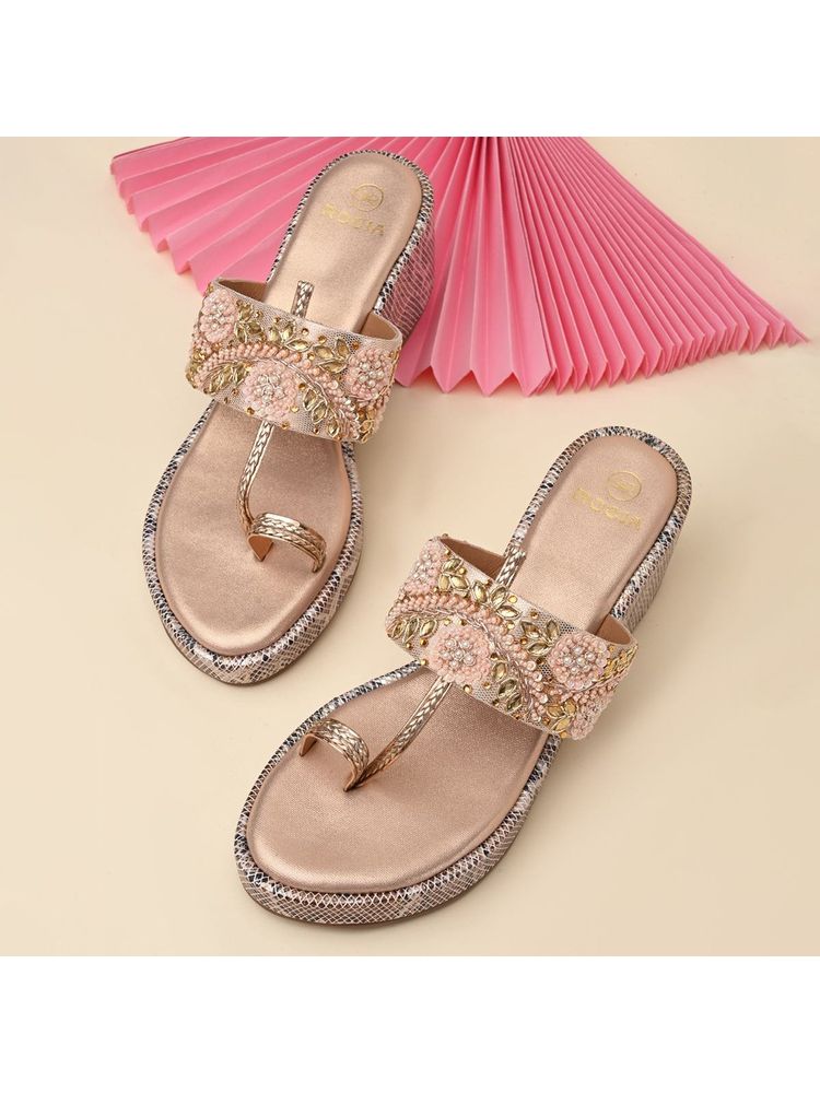 ROCIA Women Rose Gold Heavy Embroidered One Toe Wedges Heels-image-7
