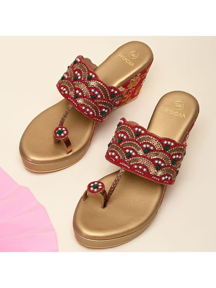 ROCIA Women Red One Toe Embroidered Wedges Heels-image-5