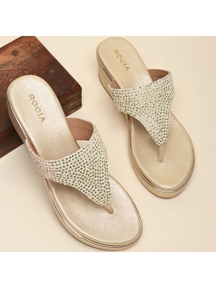 ROCIA Women Gold Embroidered Wedges Sandals-picture-22