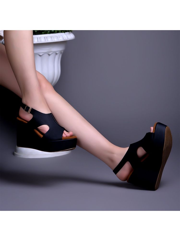 Shoetopia Women Comfortable Black Wedges Heels