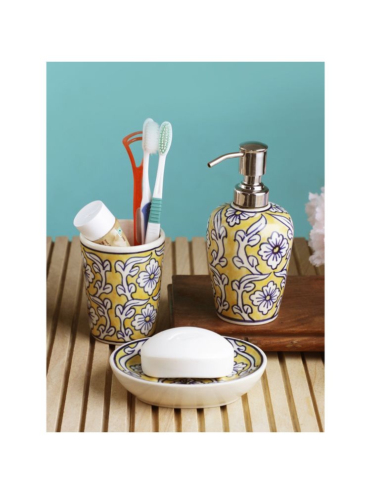 VarEesha Manohar Yellow, White Taper Bathroom Set of 3 Soap Dispenser, Tumbler with Soap Dish-picture-39