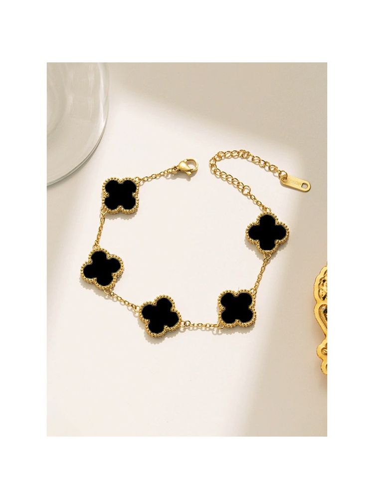 Designs & You Stainless Steel Gold Plated Black Anti Tarnish Clover Bracelet