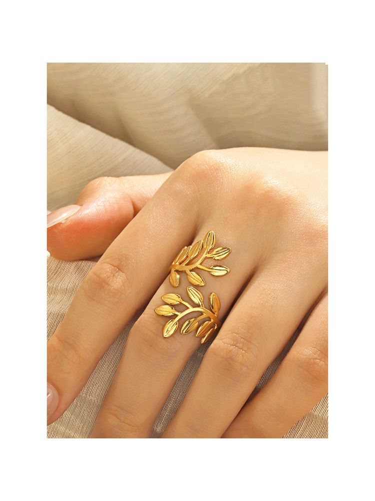 Designs & You Gold Plated Anti Tarnish Stainless Steel Leaf Themed Adjustable Ring-picture-24