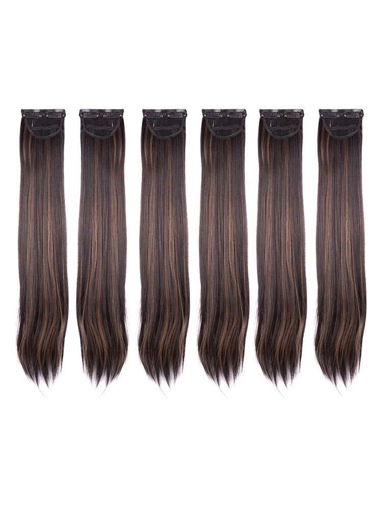 Stasia Street Clip-In 24 Inch Straight Dark Brown Side Patches With Golden Highlights - Pack Of 6