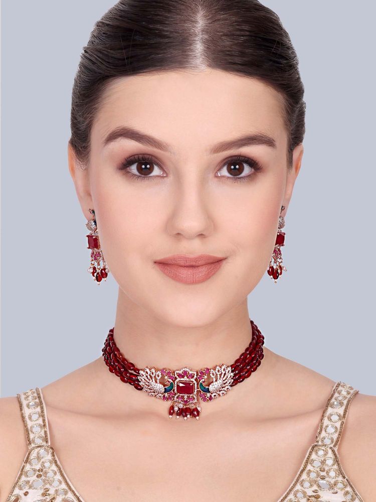 Estele Swarnika - Morbagh Ruby Red Peacock Beaded Necklace with Earrings-image-13