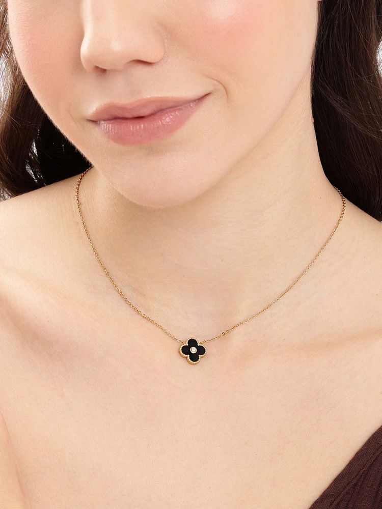 Carlton London Gold Plated Black CZ Clover Necklace-image-40