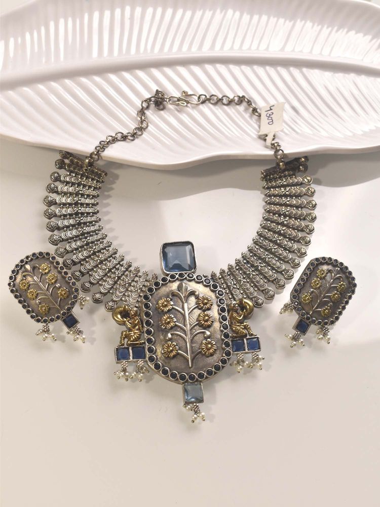 Peach Tassels Metal Necklace with Blue stones, Heavy Metal Necklace Set-image-45