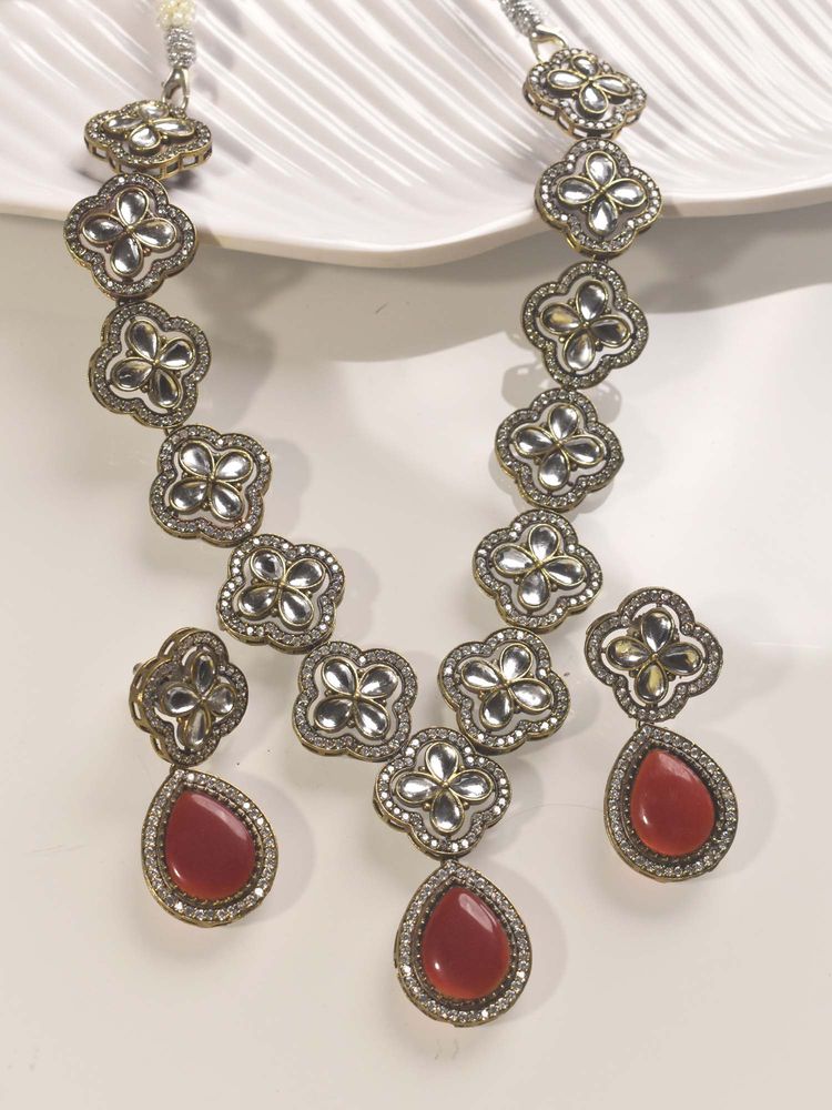 Peach Tassels Beautiful Red Stone Necklace Set, Flower Designs Necklace Set-picture-16