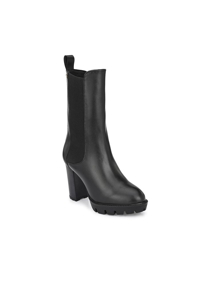 Delize Black Solid Women Vegan Leather Calf Length-picture-22